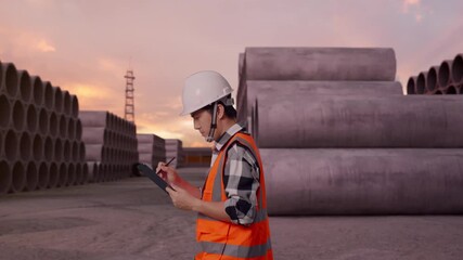 Side View of Asian Male Engineer Taking Note on Tablet While Walking at Precast Concrete Pipes Storage