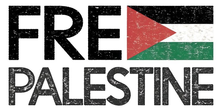 Bold graphic text proclaiming free palestine with the palestinian flag integrated into the word free symbolizing solidarity and support for the palestinian cause and people