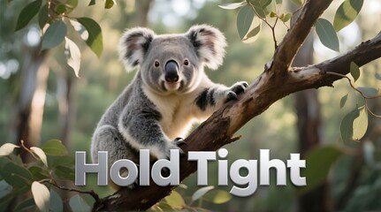 Adorable koala clinging to eucalyptus branch in sun-dappled forest, nature's gentle hug