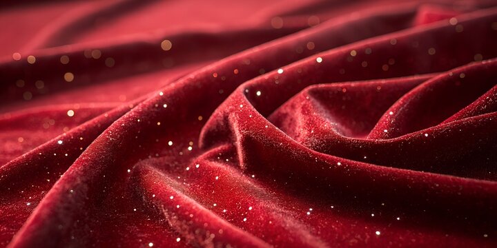 Luxurious deep red velvet fabric draped in soft folds adorned with subtle scattered sparkling embellishments creating a rich and elegant texture perfect for festive occasions and high end design