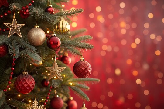 Close up of a beautifully decorated christmas tree with red and gold ornaments and twinkling lights against a blurred festive red bokeh background