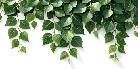 Fototapeta premium A lush cascade of vibrant green leaves hangs down against a clean white background creating a natural and refreshing botanical border or backdrop for design