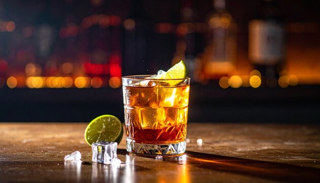 Refreshing cocktail with lime and ice cubes on a bar counter, perfect for happy hour at night