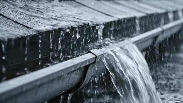 Overflowing Rain Gutter - Heavy rain pours off a shingled roof and overflows a metal rain gutter. Water cascades over the side of the gutter, creating a small waterfall effect.