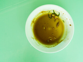 Dirty plate top view background, finished eat dinner in restautant, abstract textuer stain smearing drip sauce bbq jam chilli jelly on ceramic breakfast, concept for clean hyginene product.