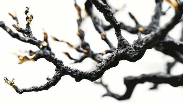 Close-up view of dead tree branches with some yellowing leaves still attached.
