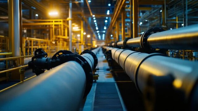 Industrial Infrastructure: A perspective view capturing a network of pipes and conduits within a factory setting, symbolizing the backbone of industry.