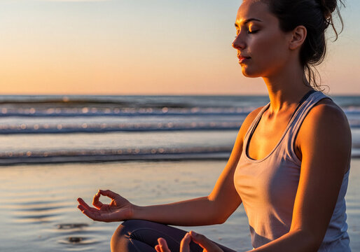 Peaceful woman meditating in Lotus pose on the beach at sunset, practicing yoga and mindfulness by the ocean waves during golden hour.