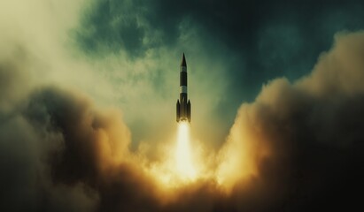 Rocket rising into the sky surrounded by clouds and smoke against a dark green background with yellow tones