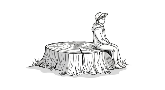 Pensive figure perched upon tree stump in monochromatic contemplation on nature's embrace