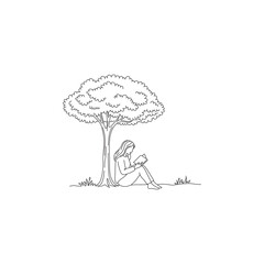 Woman reading a book under a tree in line art