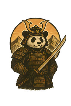 Vintage Samurai Panda Warrior with Mountain Background &ndash; Detailed Vector Illustration
