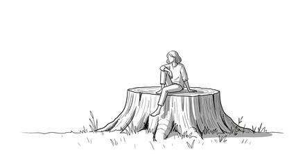 Monochrome depiction of a woman seated atop a tree trunk amid nature's serenity