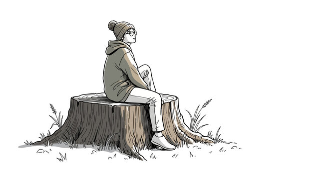 A solitary figure immersed in thought while perched atop a tree trunk sketch