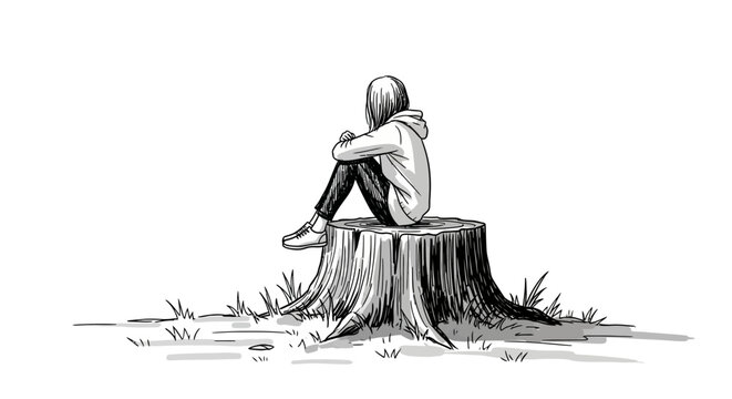 Solitary introspection monochrome drawing of a figure resting on a tree stump in a stark landscape