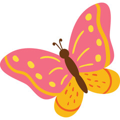Pink and orange butterfly with yellow spots and brown body on a transparent background, simple illustration
