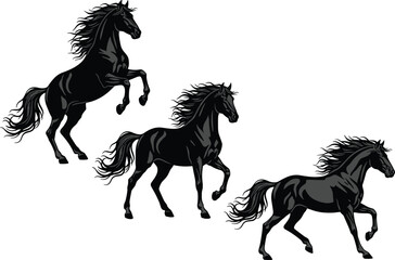 Set of Dynamic Black Horse Silhouettes Rearing and Running Vector Illustration