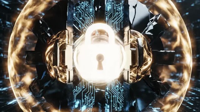 Abstract Tech Core Power - A digital abstract video shows a central golden sphere surrounded by a dark geometric ring with circuit board details.