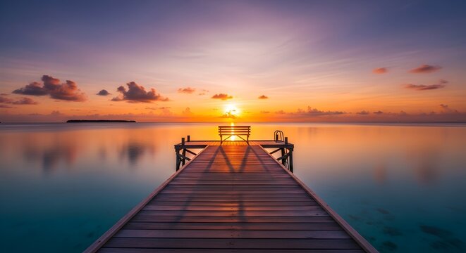 Wooden Pier with Bench Overlooking Ocean at Vibrant Sunset.