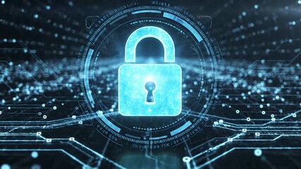 Digital Security Lock - This video shows a glowing blue padlock icon surrounded by digital circuitry, representing data security and protection. - Powered by Adobe