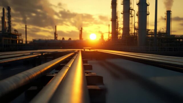 Industrial Sunset: The image captures an industrial facility at sunset, pipes lead to a facility with billowing smoke stacks, conveying energy production and industry's impact on environment.