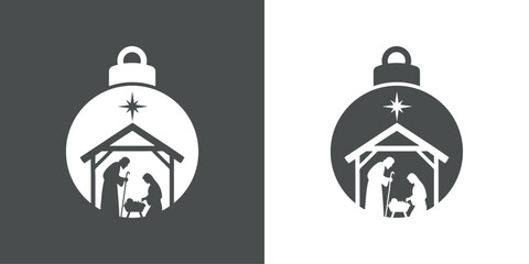 Obraz na płótnie Canvas Tiempo de Navidad. Logo con silueta de bola de navidad con escena de la natividad con San José, la Virgen María y el niño Jesús en el Portal de Belén con una estrella