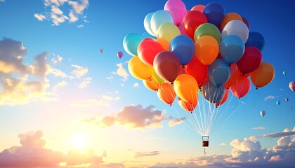 Colorful balloons floating in a bright sky at sunset