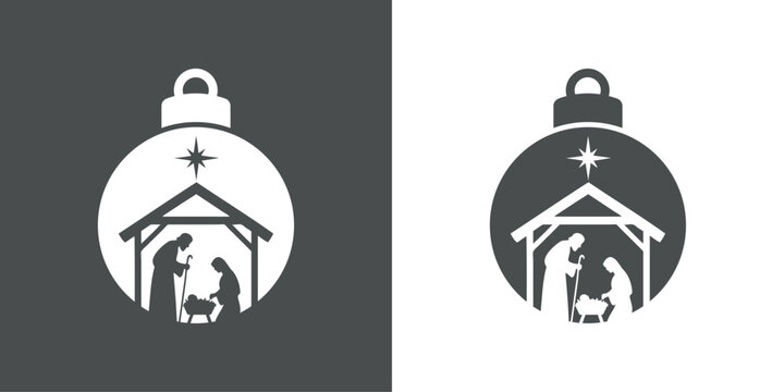 Tiempo de Navidad. Logo con silueta de bola de navidad con escena de la natividad con San Jos&eacute;, la Virgen Mar&iacute;a y el ni&ntilde;o Jes&uacute;s en el Portal de Bel&eacute;n con una estrella
