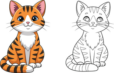 Cute Cartoon Tabby Kitten Cat Character and Outline Coloring Page Vector Illustration