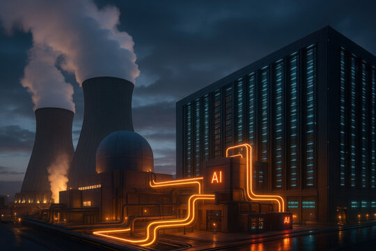 AI data centers rely on nuclear power plants to meet massive energy demands during nighttime operations in industrial settings