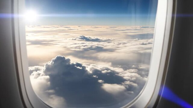 View from an aircraft window featuring layers of clouds, blue sky, and window frame