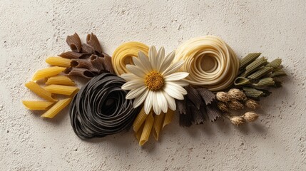 Pasta varieties and flower arrangement on textured background culinary concept