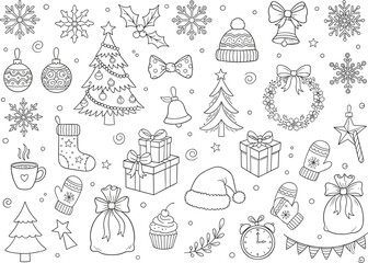 Mega Set of Hand Drawn Christmas and Winter Holiday Doodle Outline Icons Vector Illustration