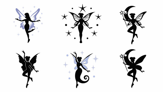 Enchanting fairy silhouettes dancing with stars and moons, magical fantasy icons for whimsical designs and dreamy creations