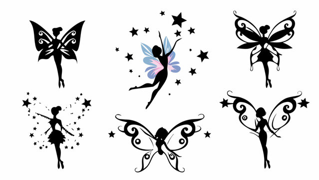 Enchanting fairy silhouettes with whimsical stars and elegant butterfly wings, perfect for magical designs and fantasy themes.