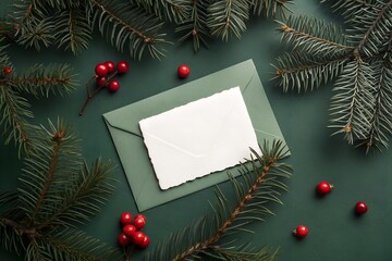 Festive overhead view of a blank white card and green envelope surrounded by dark green fir branches and red berries perfect for christmas or holiday greetings and invitations