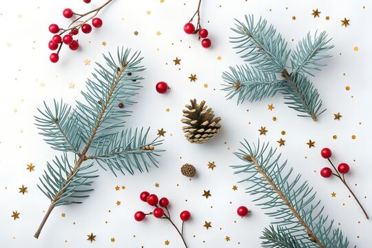 Festive christmas flat lay featuring frosted blue spruce branches red berries and golden pinecones scattered with sparkling confetti on a white background evoking a winter holiday celebration - Powered by Adobe