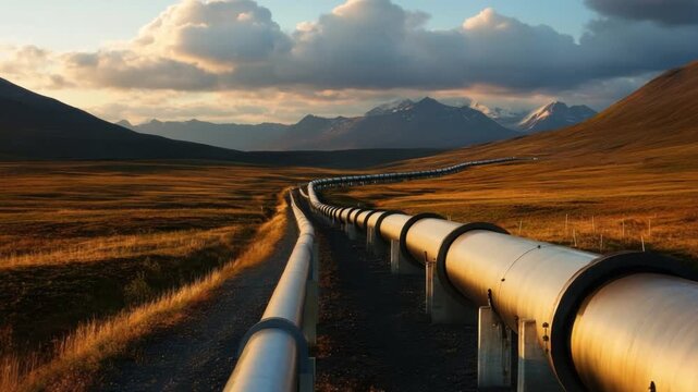 Pipeline in Scenic Landscape: A gleaming pipeline snakes its way through a vast, breathtaking landscape of mountains under a cloudy sky, symbolizing industry integrated into the beauty of nature.