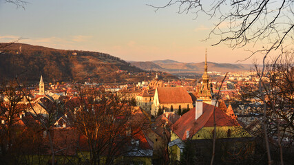 Views of the medieval town of Sighisoara, a UNESCO World Heritage Site, in the light of a winter sunset.