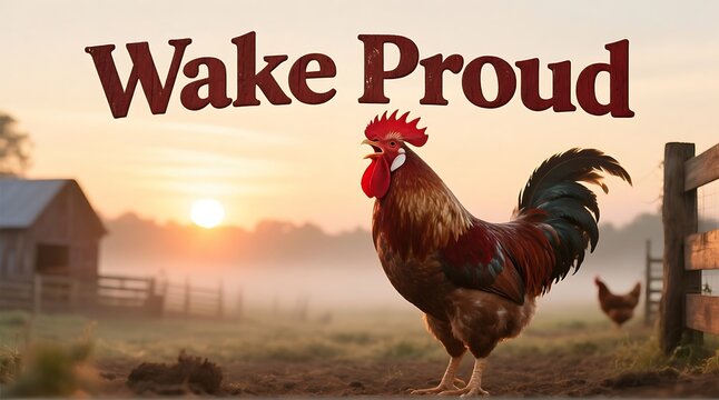 Rustic rooster crowing proudly at sunrise with barn and mist in background farm scene