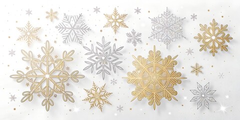 A festive and sparkling collection of assorted gold and silver glitter snowflakes and decorative ornaments scattered across a white background creating a winter wonderland