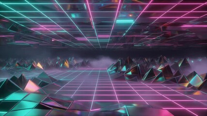 Abstract Neon Grid Landscape with Geometric Shapes and Fog. - Powered by Adobe