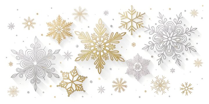 Elegant winter holiday background with scattered sparkling gold and silver snowflakes on a white backdrop perfect for festive christmas and new year celebrations - Powered by Adobe