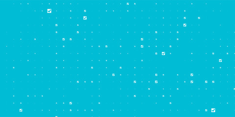 Seamless background pattern of evenly spaced white checkbox symbols of different sizes and opacity. Vector illustration on cyan background with stars