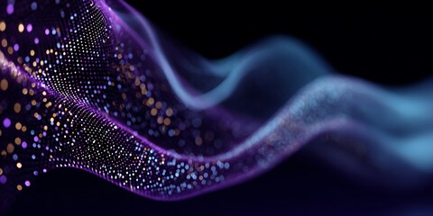 Abstract glowing digital particles wave data flow network concept.