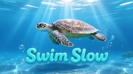 Gentle sea turtle swimming serenely underwater in calming blue ocean waters