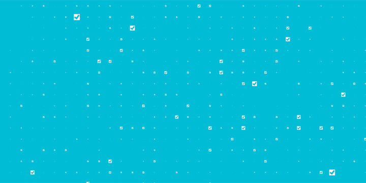 Seamless background pattern of evenly spaced white checkbox symbols of different sizes and opacity. Vector illustration on cyan background with stars