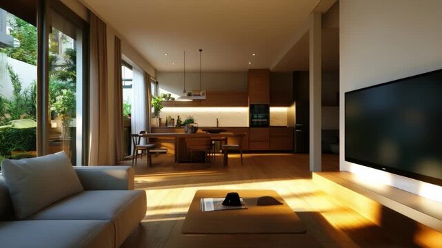 Serene Interior Harmony: A spacious, sun-drenched living area seamlessly merges with a modern kitchen, creating an inviting space of comfort and style. Bathed in natural light.