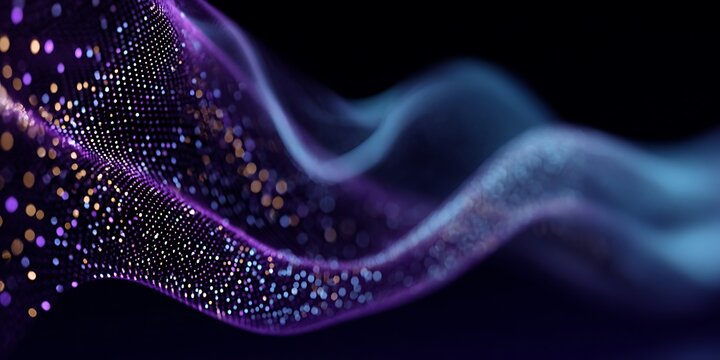 Abstract glowing digital particles wave data flow network concept. - Powered by Adobe