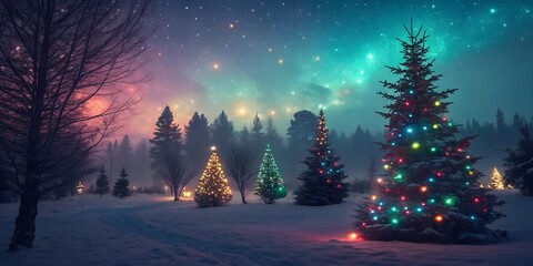 Enchanting winter forest scene with decorated christmas trees illuminated by colorful lights under a starry night sky creating a magical holiday atmosphere
